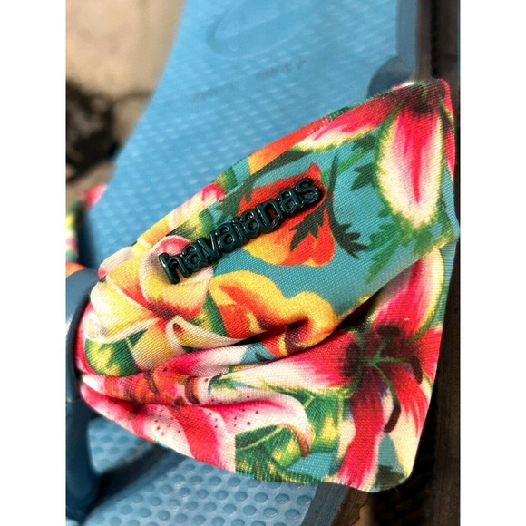 Havaianas Flip Flops Sandals Women's 9/10W EU 41 42 Blue Fabric Tropical - Picture 9 of 9